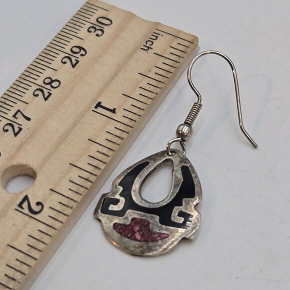 Vintage Signed Alpaca Silver Mexico Inlaid Drop Earrings Coral Chip Southwestern - Picture 4 of 4